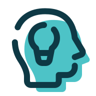 Cartoon icon of head with lightbulb in the middle